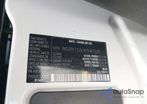 2019 Mercedes-Benz Sprinter 2500 High Roof V6 from USA, damaged, VIN WDZPF1CD1KP087225